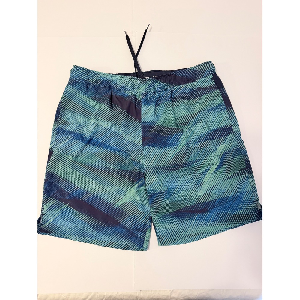 Speedo Mens XL Blue Teal Wave Print Swim Trunks Board Shorts Zipper Pocket